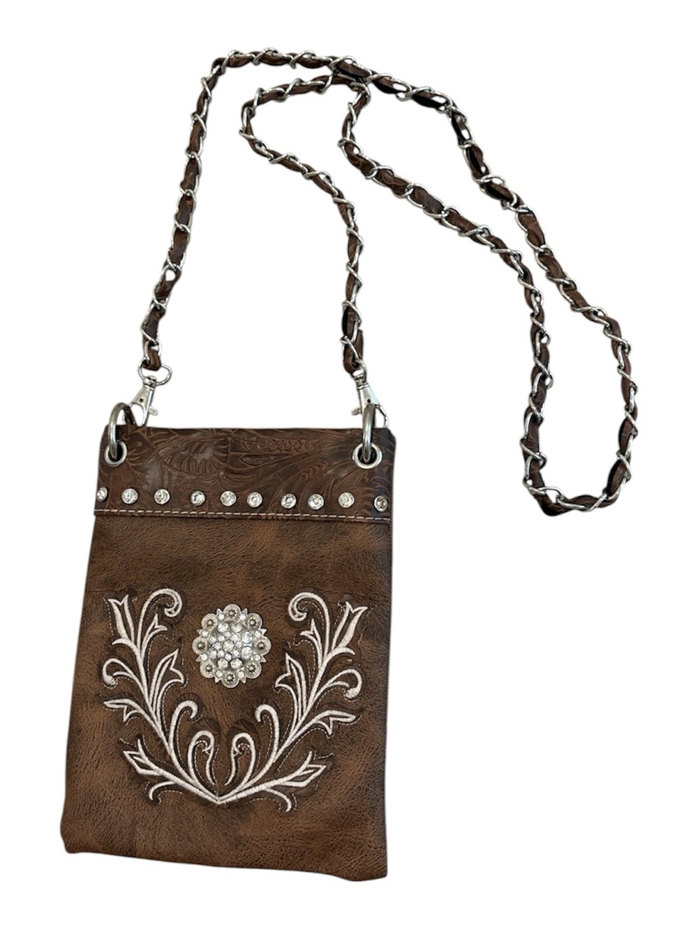 Faux Leather Brown Embroidered Crossbody Bag with Rhinestone Accent